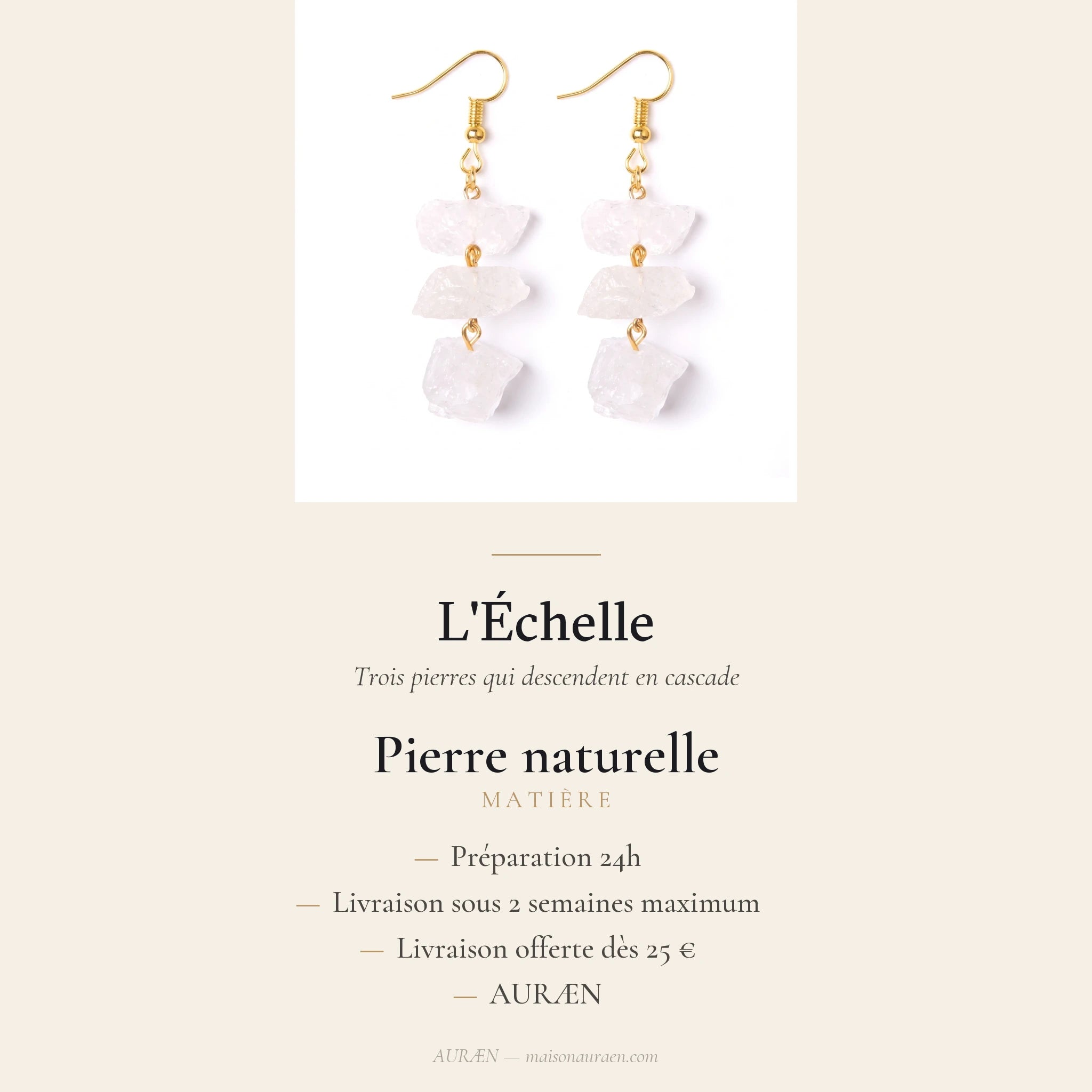 L'Échelle — Boucles d'oreilles à 3 étages en pierres — fiche d'information · AURÆN Pierres d'Âme