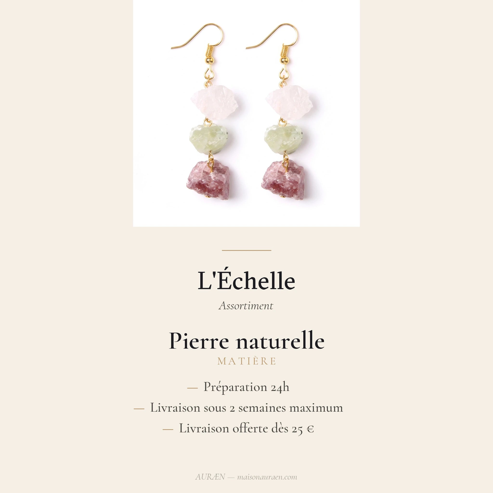 L'Échelle — Boucles d'oreilles à 3 étages en pierres — fiche d'information · AURÆN Pierres d'Âme