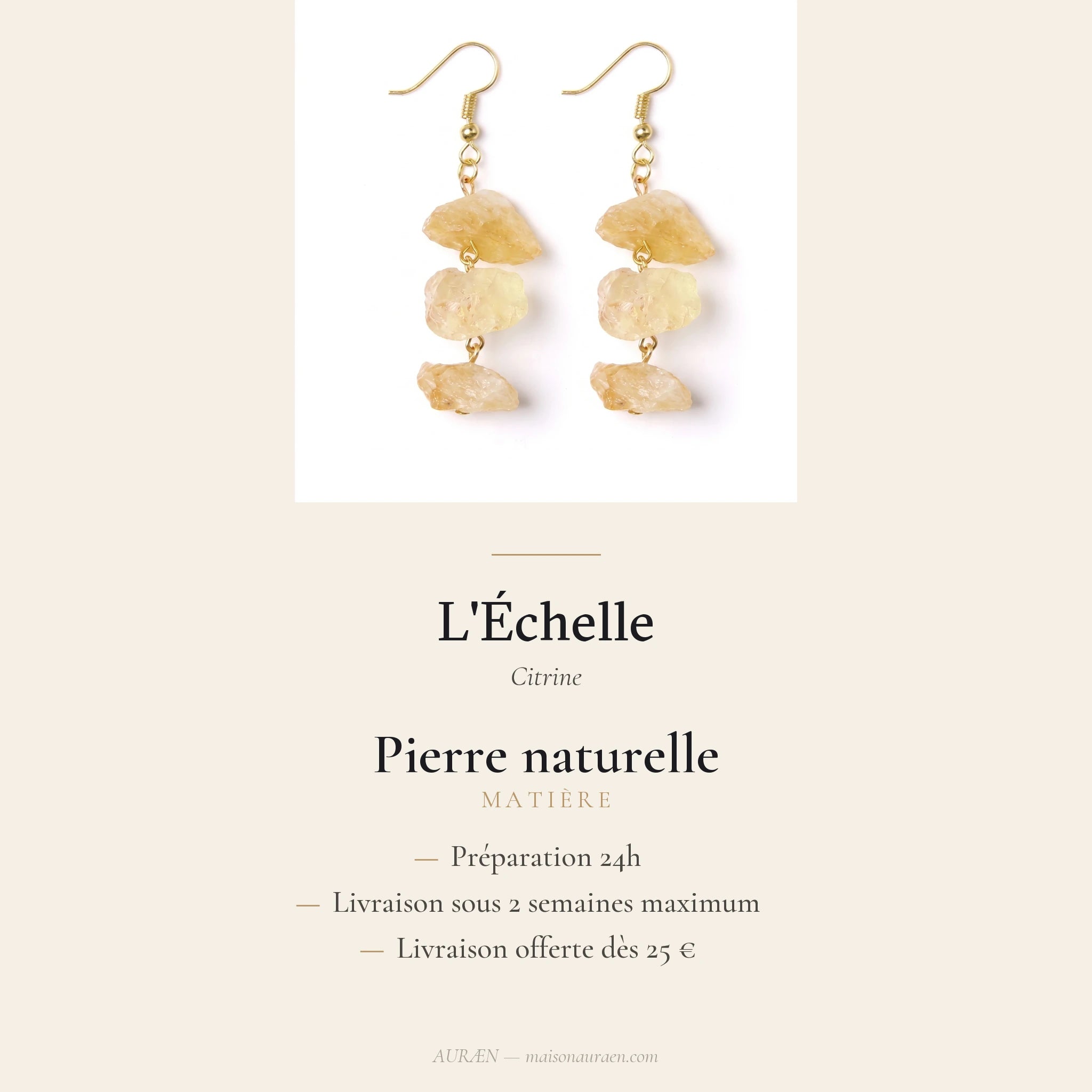L'Échelle — Boucles d'oreilles à 3 étages en pierres — fiche d'information · AURÆN Pierres d'Âme