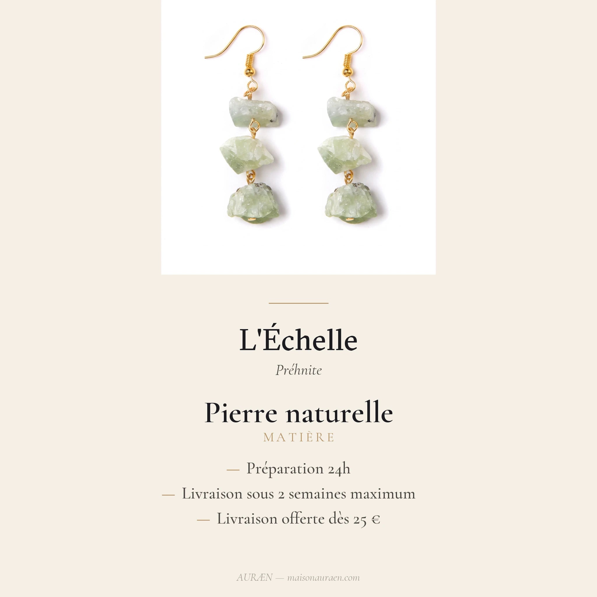 L'Échelle — Boucles d'oreilles à 3 étages en pierres — fiche d'information · AURÆN Pierres d'Âme