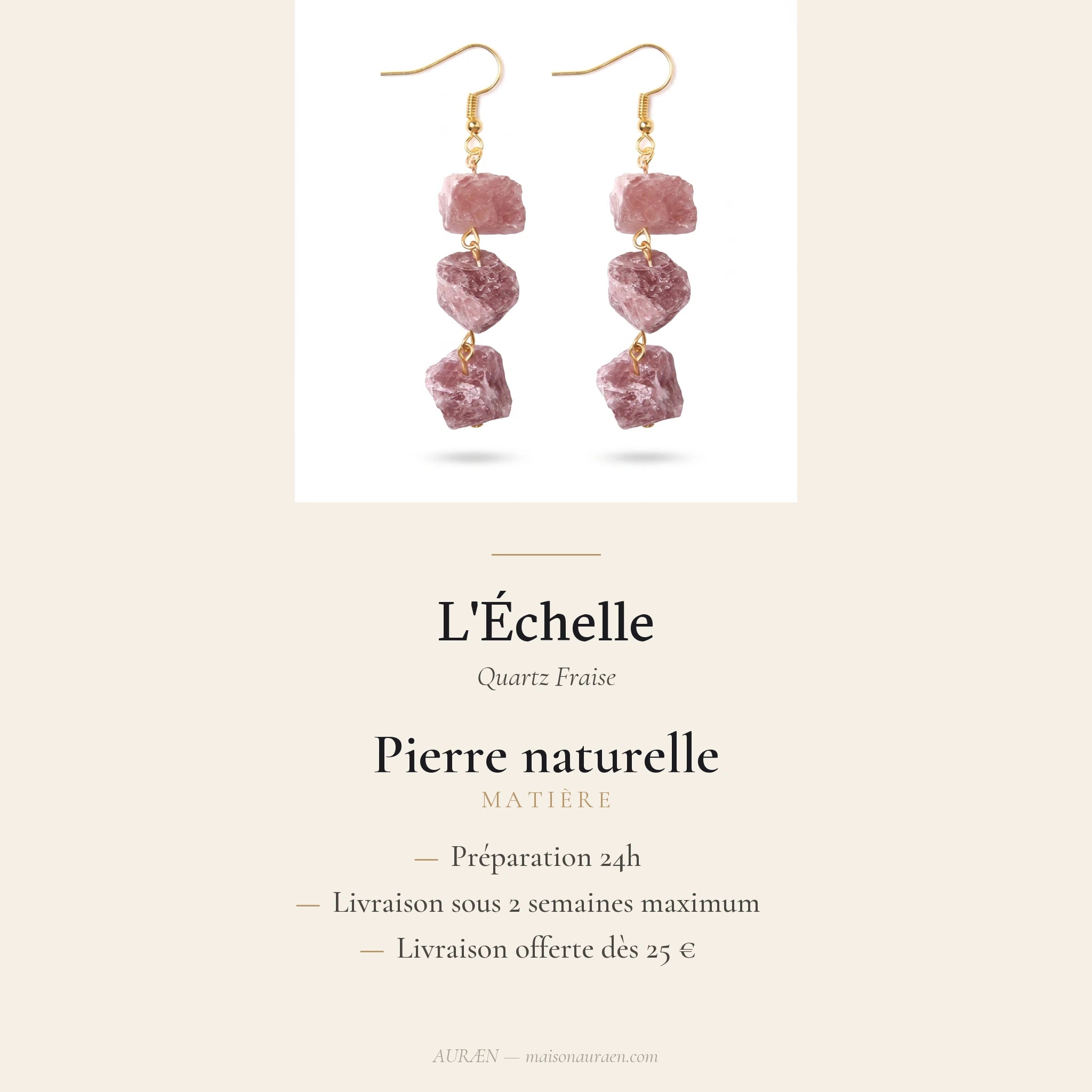 L'Échelle — Boucles d'oreilles à 3 étages en pierres — fiche d'information · AURÆN Pierres d'Âme