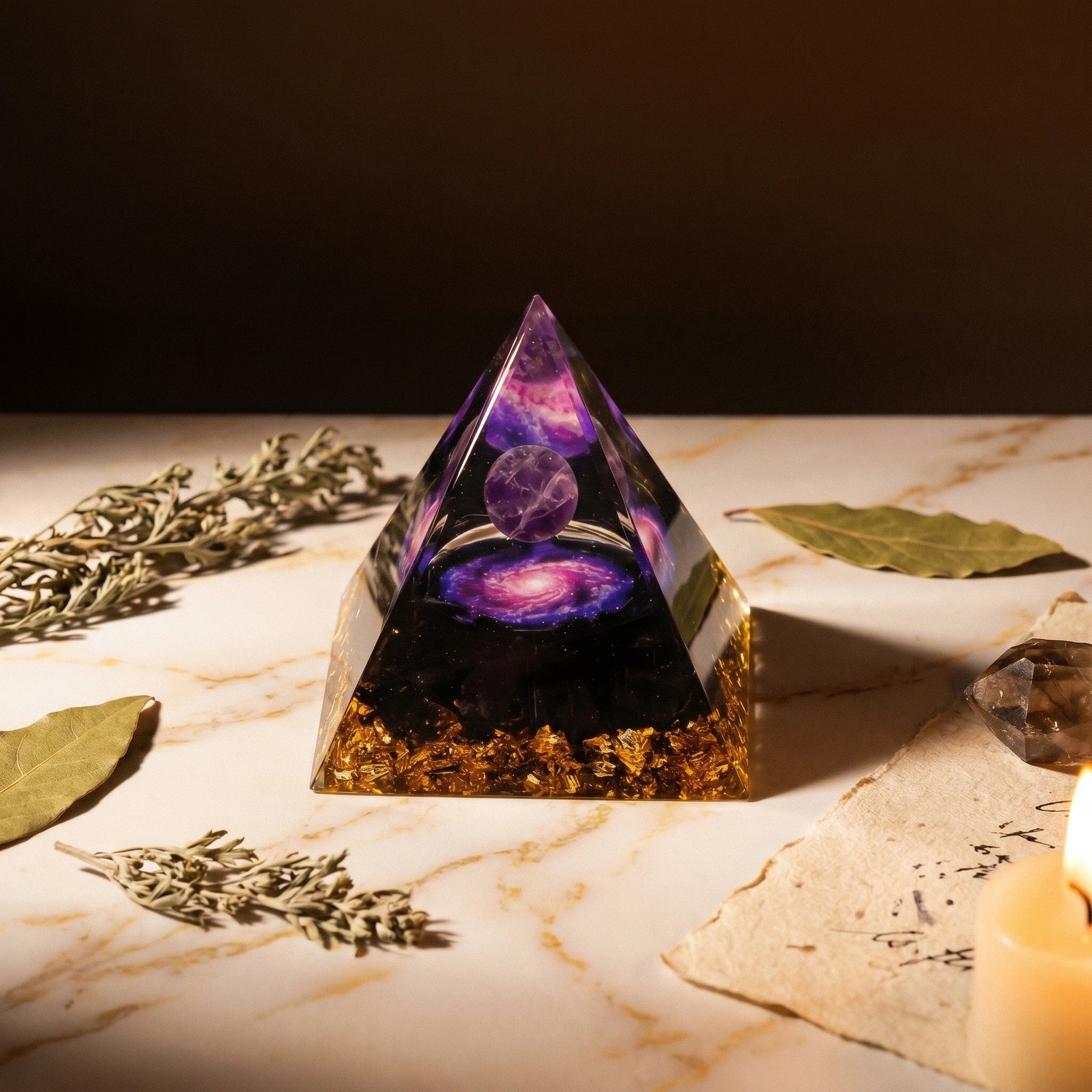 La Pyramide d'Améthyste — pierre brute violette pour l'autel — mise en scène rituelle · AURÆN Pierres d'Âme