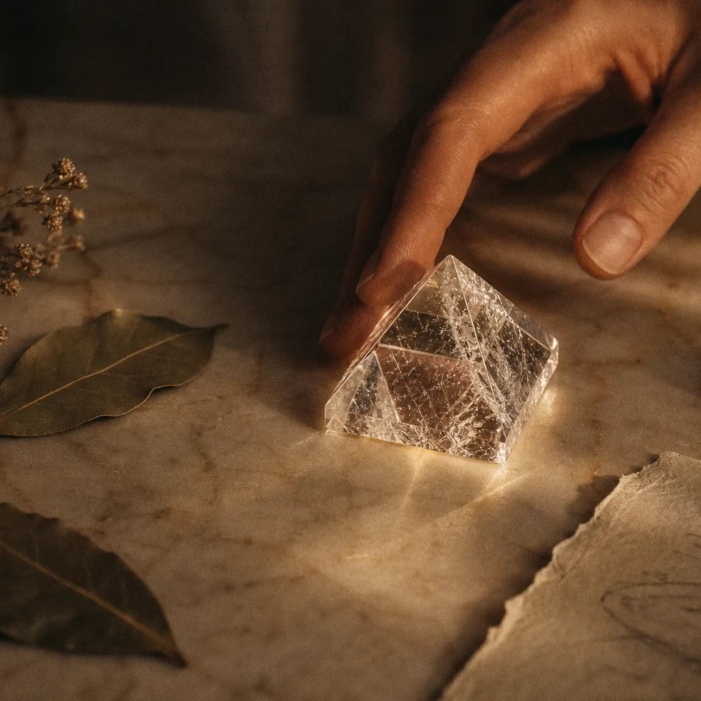 La Pyramide Claire — Cristal de roche taillé pour amplifier l'intention — mise en scène rituelle · AURÆN Pierres d'Âme