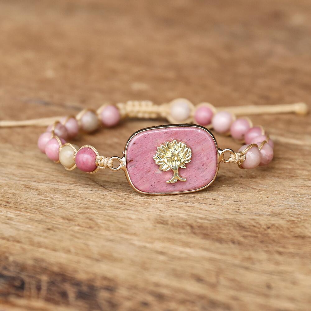 Bracelet rhodonite arbre vie — perles 8mm rose