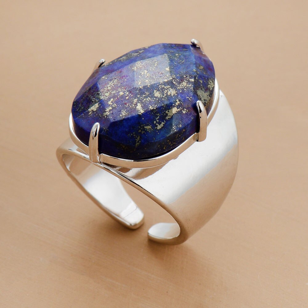 Bague lapis-lazuli — anneau or argent doré