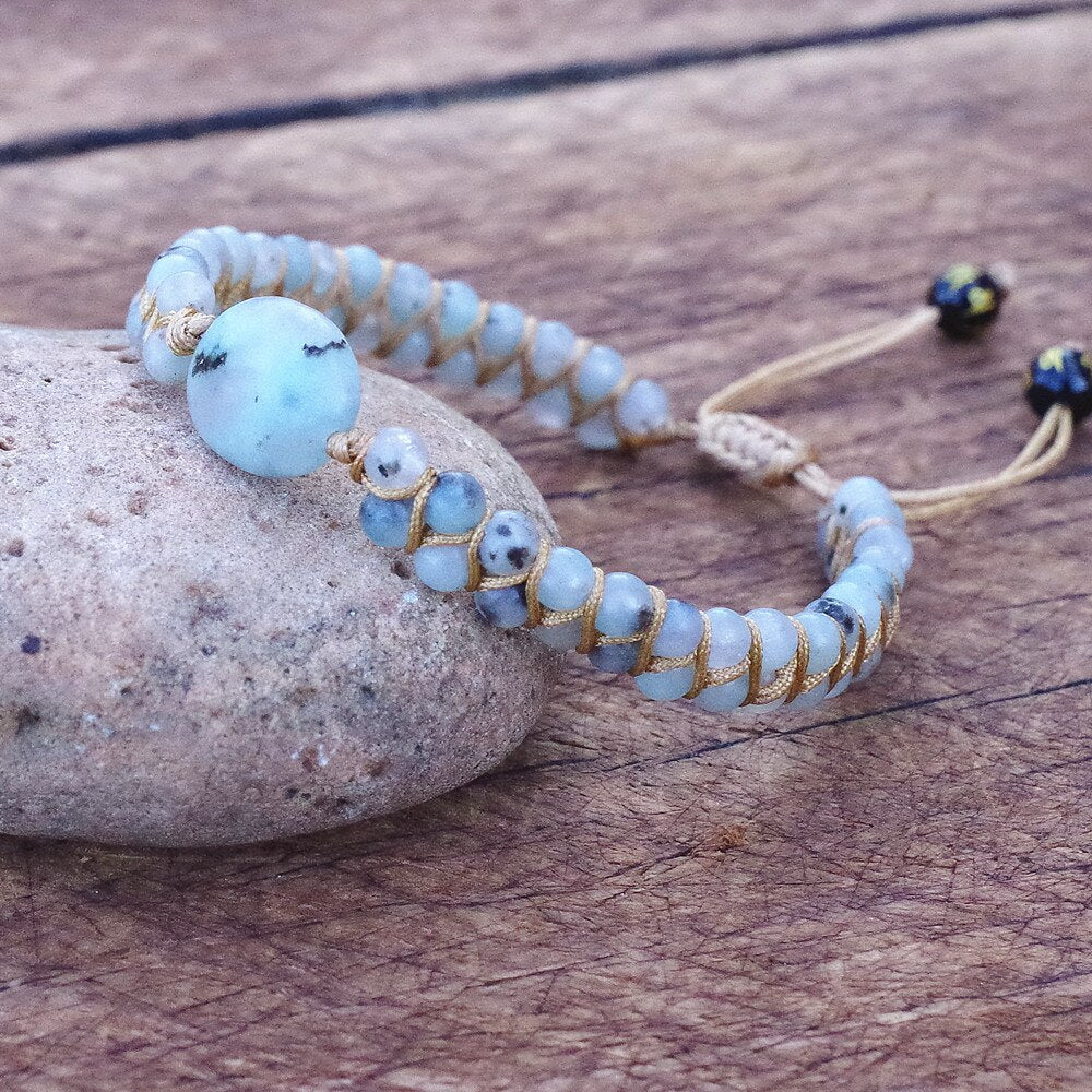 Bracelet jaspe bleu — cordon élastique pierre semi-précieuse
