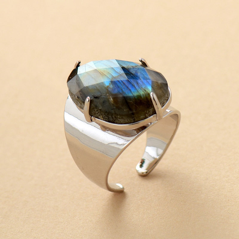 Bague labradorite — reflets bleus dorés irisations