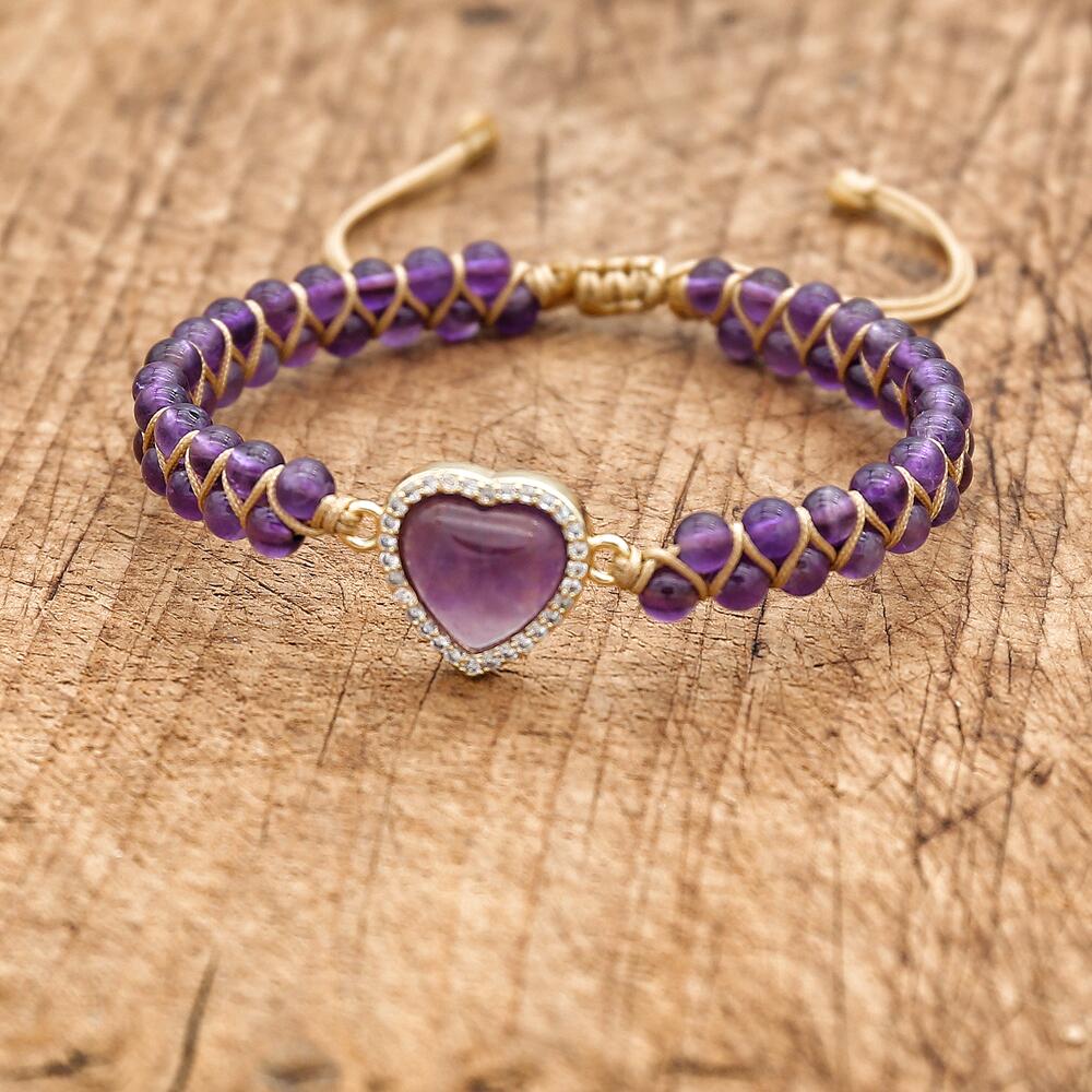 Bracelet améthyste cœur — perles violettes 8mm