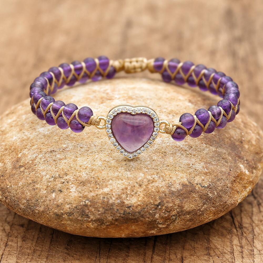 Bracelet améthyste — pendentif breloque cœur