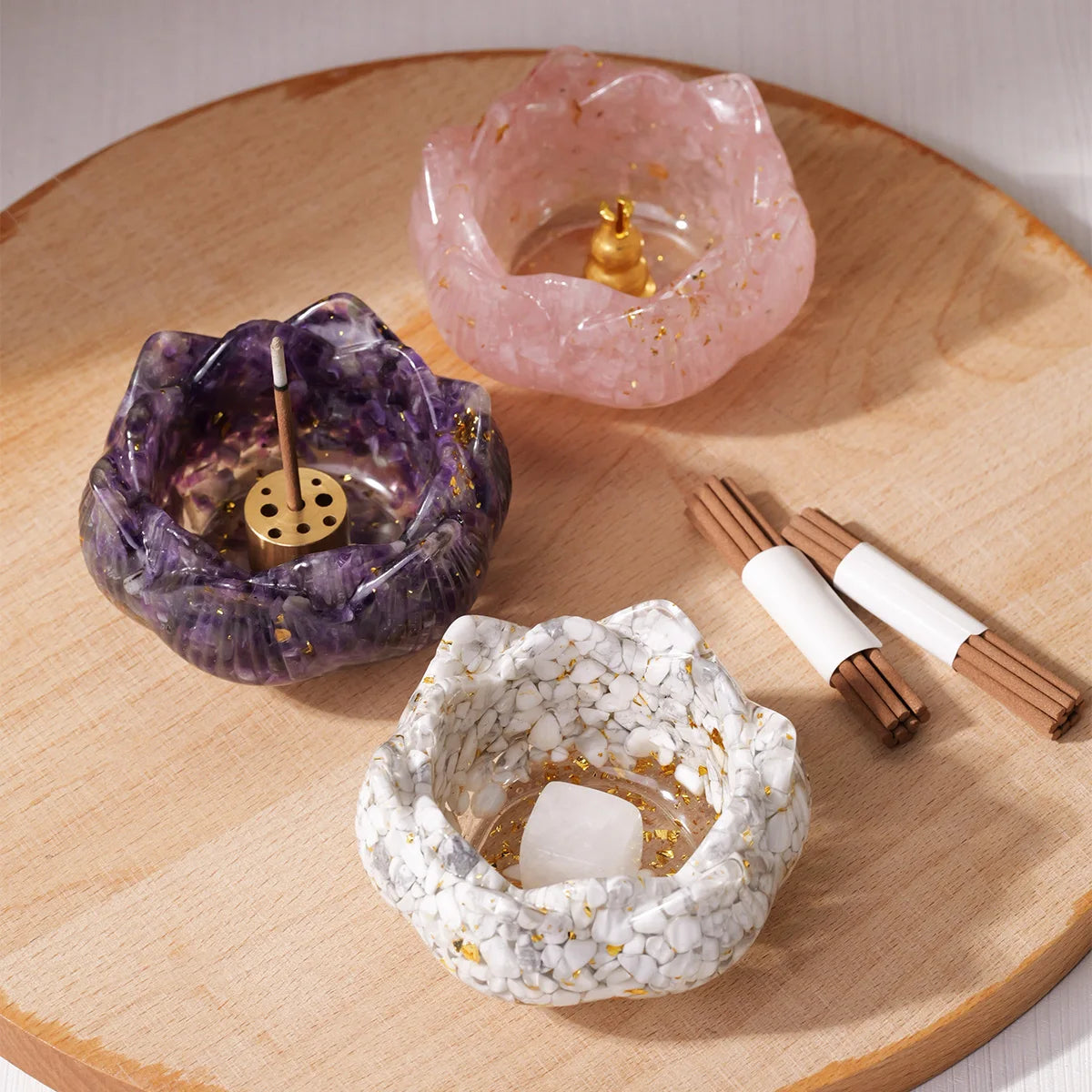 L'Offrande — Kit complet avec coupelle pierre naturelle & résine (quartz rose, howlite, améthyste)