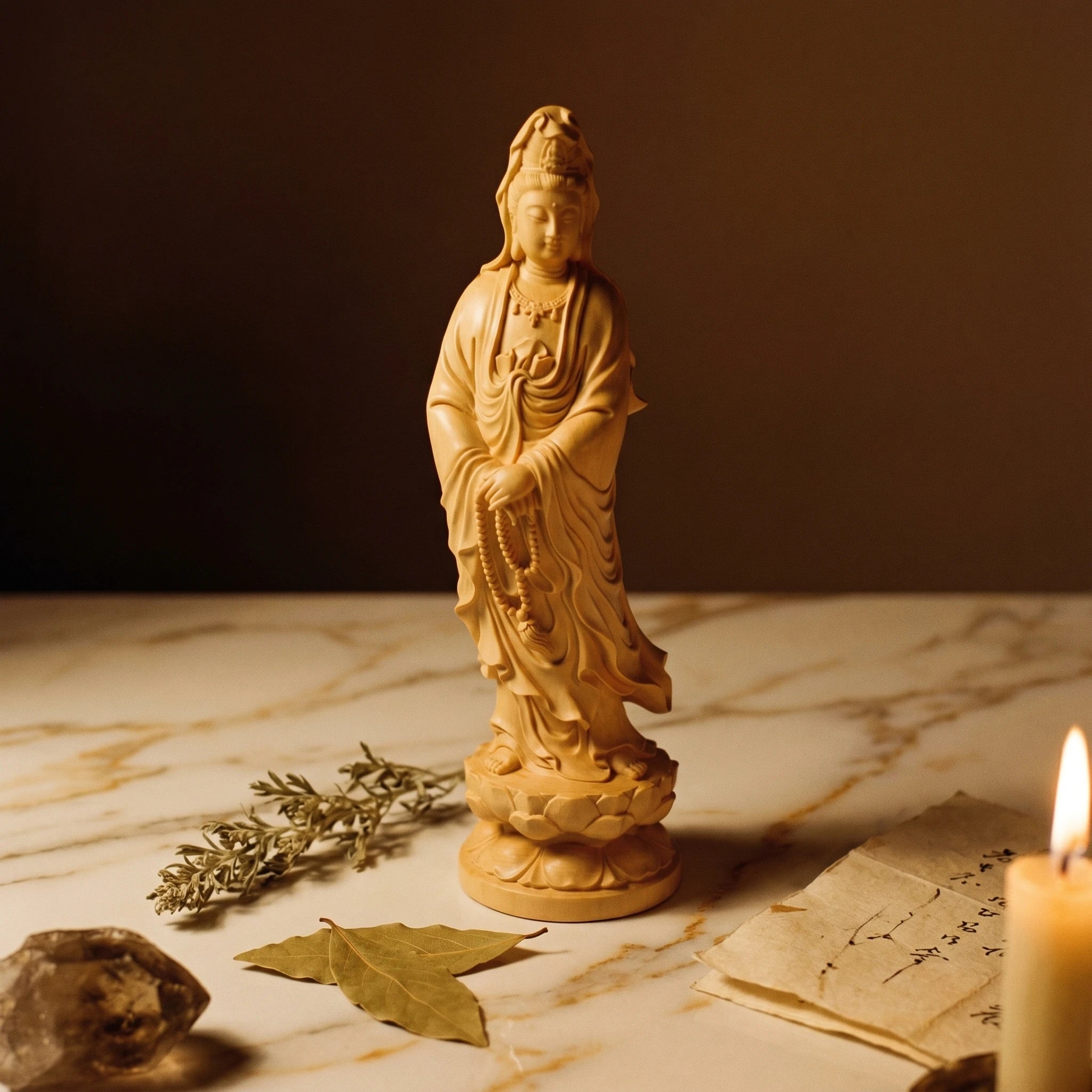 Guan Yin — Statue de la déesse de la compassion (bois de buis sculpté 5 pouces) — mise en scène rituelle · AURÆN Objets Sacrés