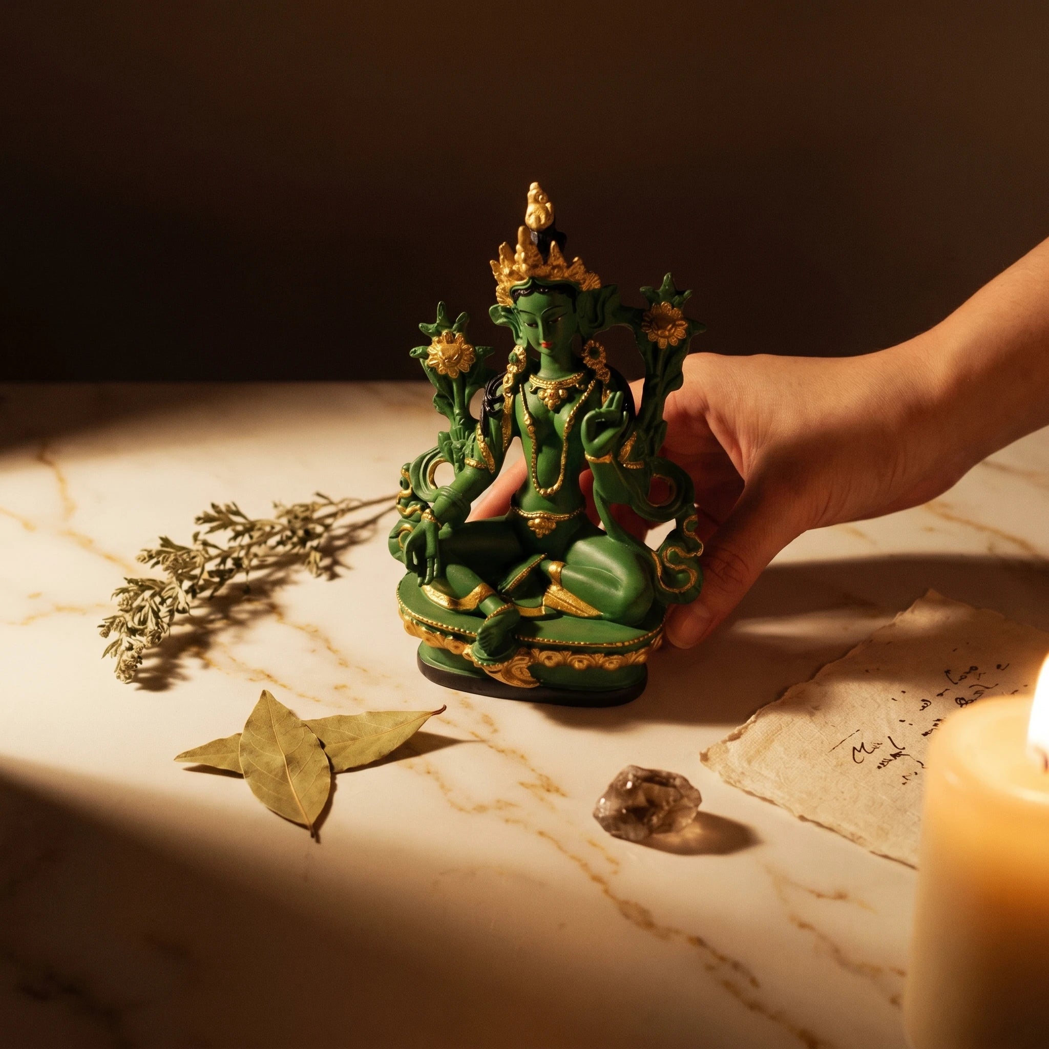 Tara Verte — Statue de la déesse bouddhiste de la compassion en résine peinte — mise en scène rituelle · AURÆN Objets Sacrés