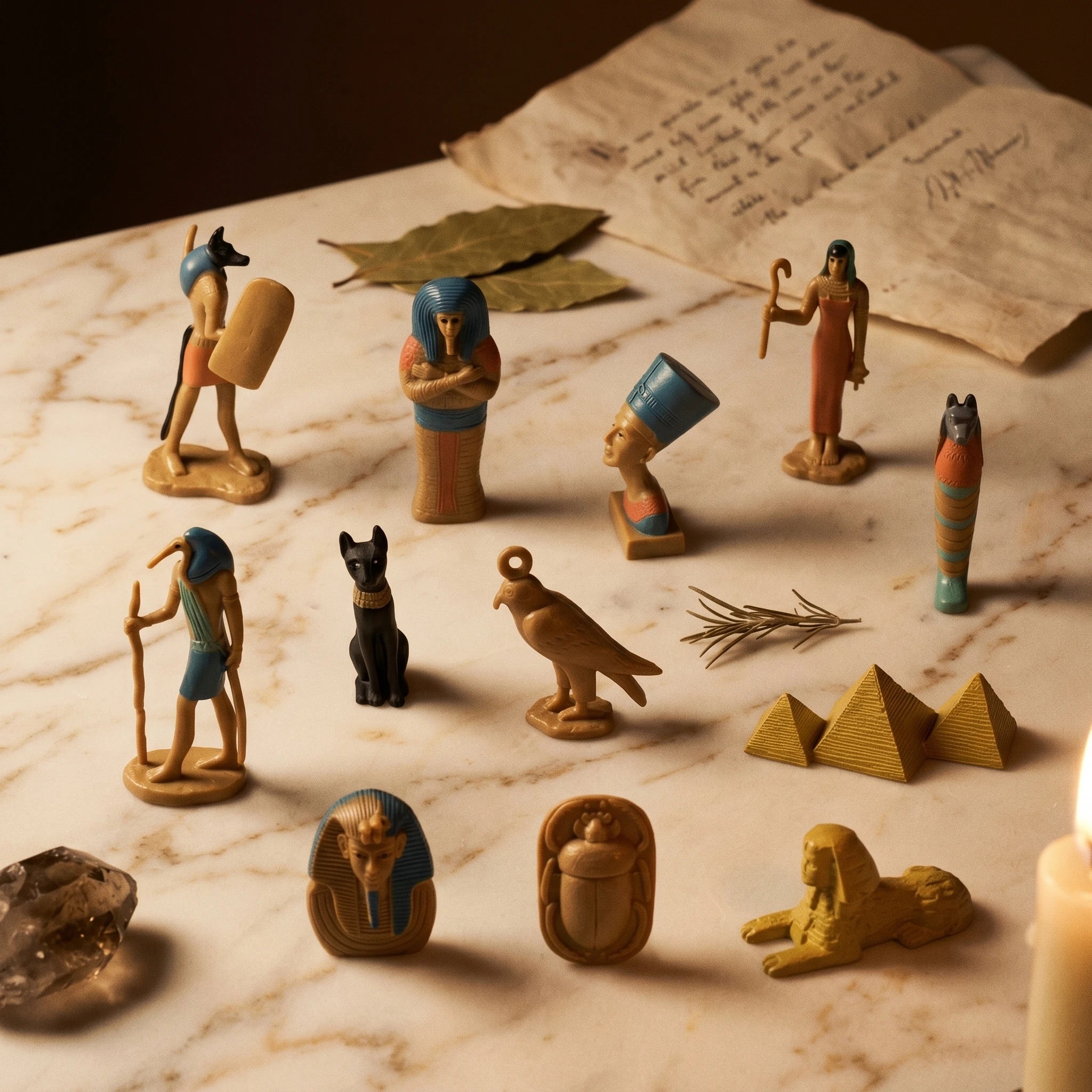 Le Coffret d'Égypte — Set 12 figurines miniatures Sphinx, Pyramide & Isis — mise en scène rituelle · AURÆN Objets Sacrés