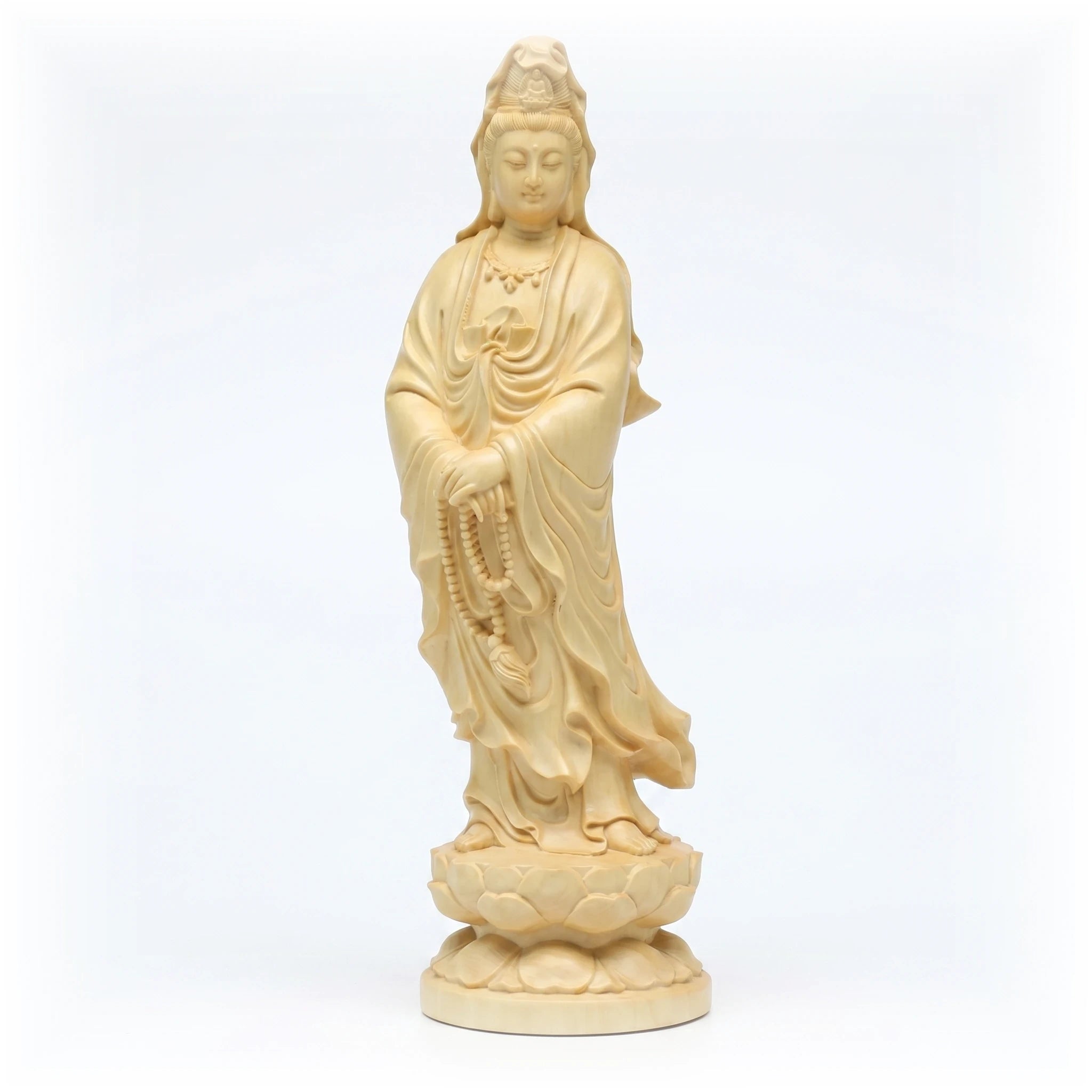 Guan Yin — Statue de la déesse de la compassion (bois de buis sculpté 5 pouces) — packshot fond blanc · AURÆN Objets Sacrés