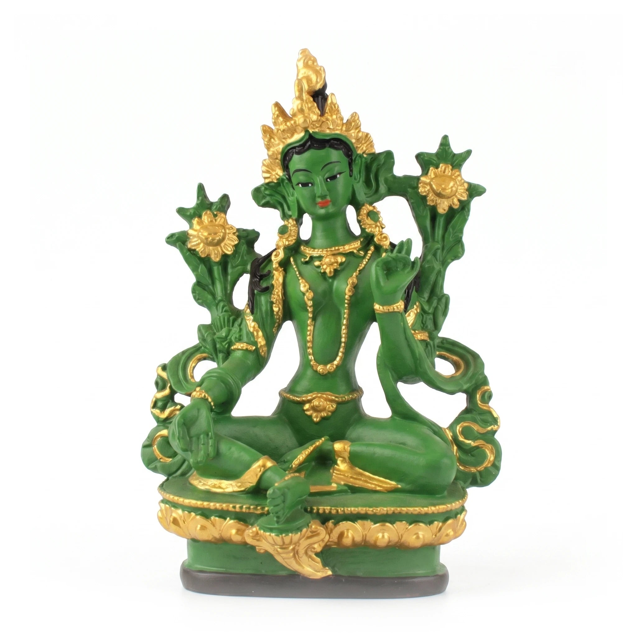 Tara Verte — Statue de la déesse bouddhiste de la compassion en résine peinte — packshot fond blanc · AURÆN Objets Sacrés