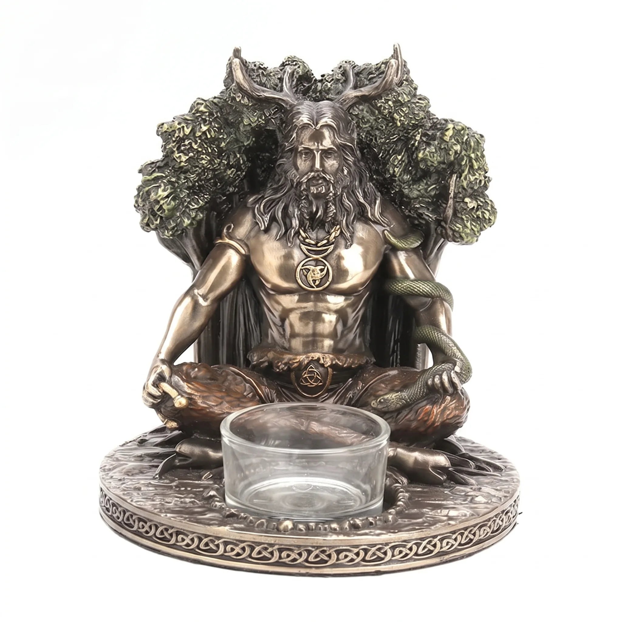 Statuette du dieu celtique cornu Cernunnos, masculin sacré, porte-bougie en résine patinée · La Déesse & le Dieu Celtiques AURÆN