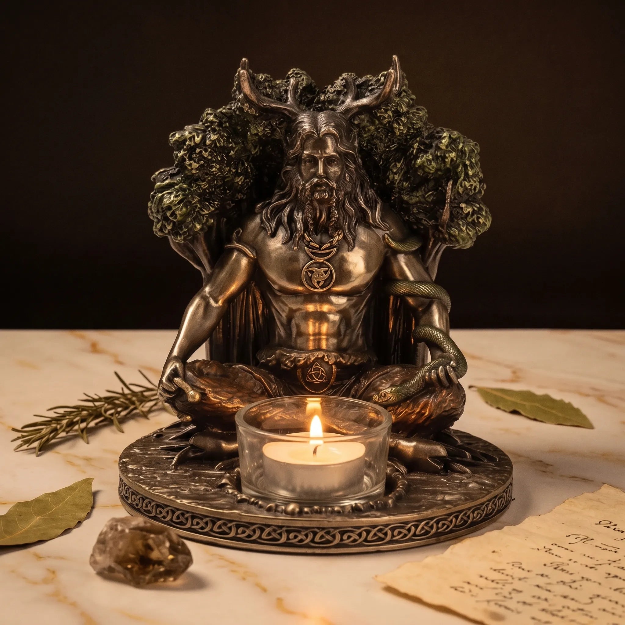 Statuette dieu celtique Cernunnos porte-bougie, rituel bougie allumée · La Déesse & le Dieu Celtiques AURÆN